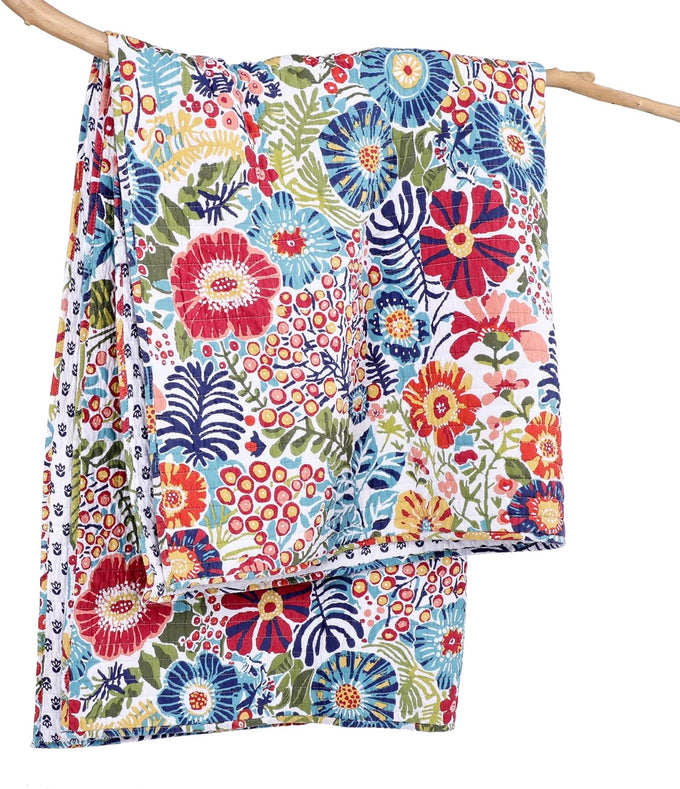 Levtex Home - Day Garden - Throw - Bold Floral - White Red Pink Green Ochre Teal - Throw (50x60in.) - Cotton