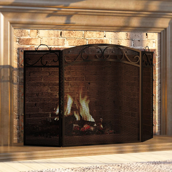 Fire Beauty 3 Panel Wrought Iron Fireplace Screen, Black Spark Guard