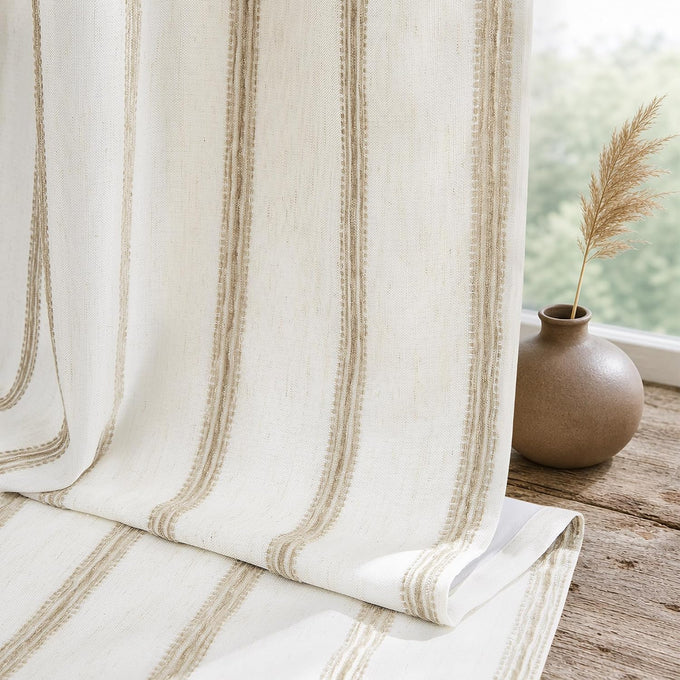 DriftAway 100% Blackout Farmhouse Linen Chenille Stripe Drapes Camel Beige