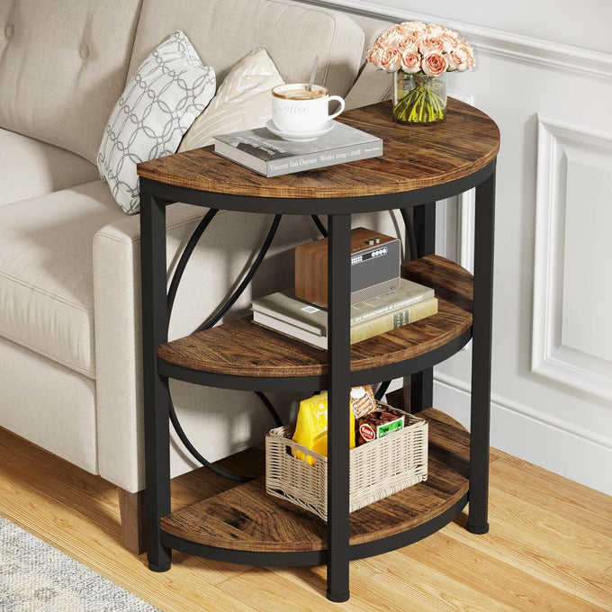 Tribesigns Half Round End Table for Living Room, 3-Tier Half Circle Side Table with Metal Frame, Industrial Half Moon Table, Half Coffee Accent Table Bedside Table for Bedroom, Brown