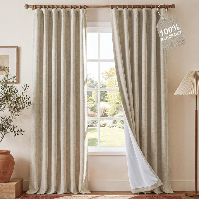 NICETOWN Farmhouse Linen Textured 100% Blackout Beige Curtains, Rustic 3-in-1 Header (Hooks/Tabs/Pocket) Thermal Drapes Room Darkening Window Treatments for Bedroom, 2 Panels, 52" W x 108" L