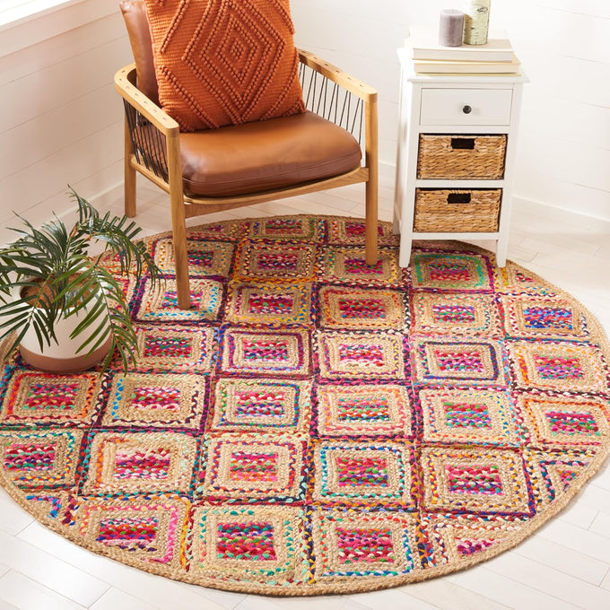 SAFAVIEH Cape Cod Collection Area Rug - 4' Square, Natural & Blue, Handmade Flat Weave Diamond Braided Jute & Denim, Ideal for High Traffic Areas in Living Room, Bedroom (CAP354A)