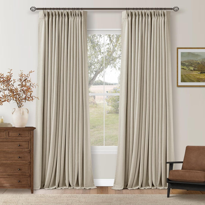 Oatmeal 102 Inch Blackout Linen Pleated Curtains for Bedroom Living Room