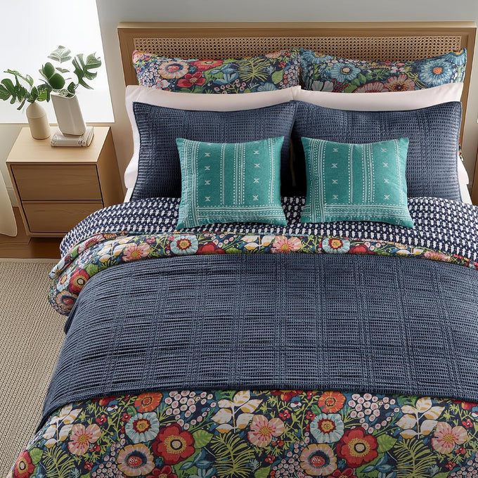 Levtex Home - Night Garden Quilt Set - King Quilt and Two King Shams - Bold Floral - Navy Red Pink Green Ochre White - Quilt (106x92in.) and Shams (20x36in.) - Reversible - Cotton