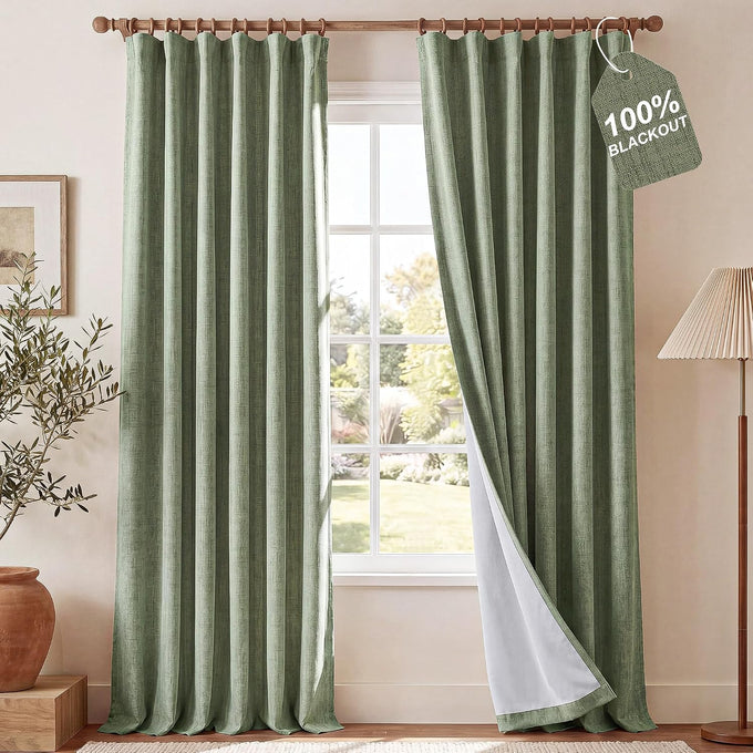 NICETOWN Farmhouse Linen Textured 100% Blackout Beige Curtains, Rustic 3-in-1 Header (Hooks/Tabs/Pocket) Thermal Drapes Room Darkening Window Treatments for Bedroom, 2 Panels, 52" W x 108" L