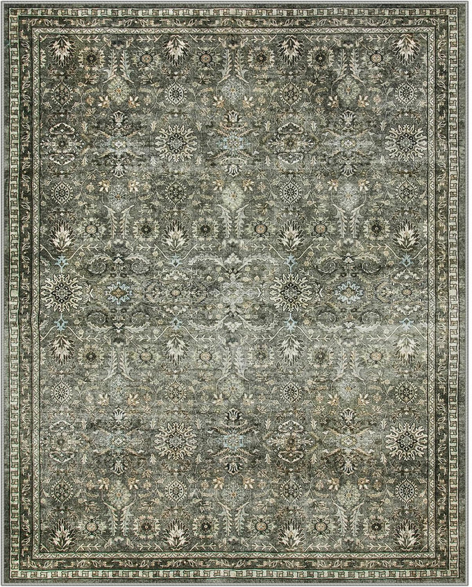 Lahome Dark Olive Green Bedroom Rug, 8x10 Washable Area Rug for Living Room