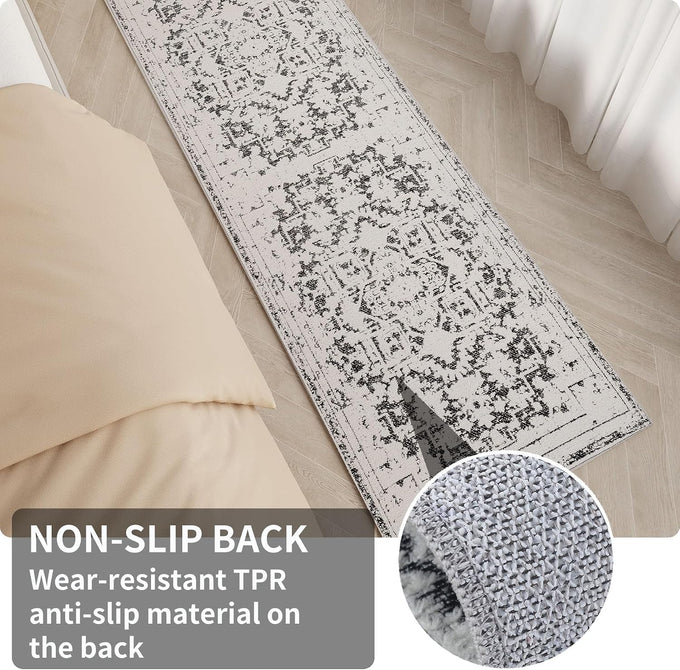 Vintage Runner Rug Non Slip for Hallway Bathroom Kitchen 3x10 ft, Ultra Soft Boho Carpet Runner with Low Pile Design Machine Washable Runner Rugs for Entryway Laundry Living Room (Black)
