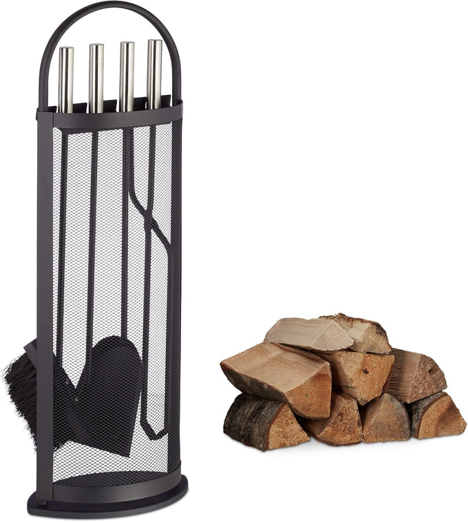 Relaxdays 5-Piece Fireplace Companion Set Cast Iron Utility Accessories, Modern, Stand, Tongs, Shovel, Poker and Broom, Grey, 15 x 23 x 66 cm