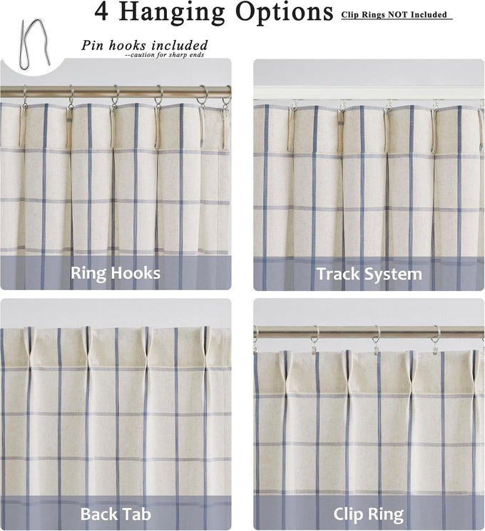Cornflower Blue Plaid Pinch Pleated Semi Sheer Curtain, 40"Wx108"Lx2