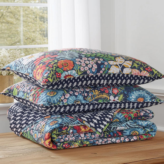 Levtex Home - Night Garden Quilt Set - King Quilt and Two King Shams - Bold Floral - Navy Red Pink Green Ochre White - Quilt (106x92in.) and Shams (20x36in.) - Reversible - Cotton