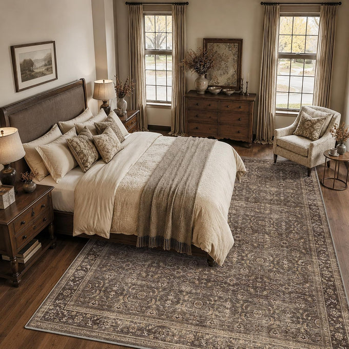 JOOJA 8x10 Dark Brown Vintage Soft Low Pile Non Slip Boho Washable Area Rug
