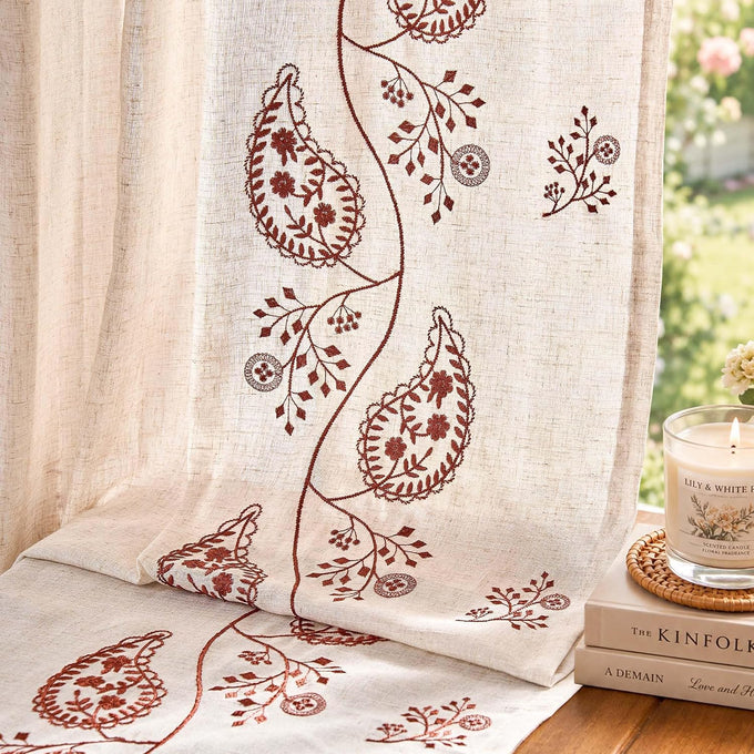 jinchan Linen Curtains 96 Inch Terracotta Floral Drapes Back Tab 2 Panels