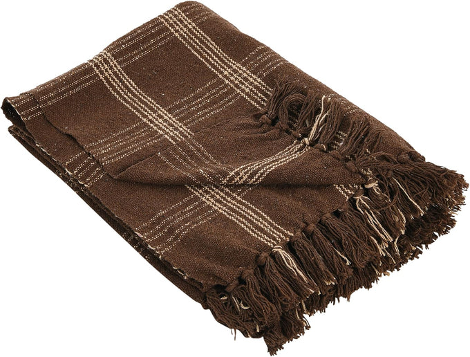 Plaid Black & Tan Fringed Woven Cotton Blend Throw