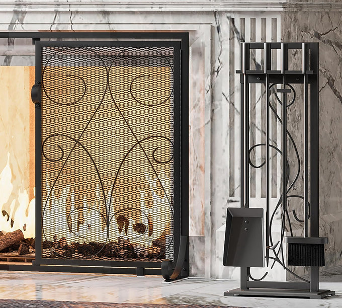 Kingson 5-Piece Heavy Duty Wrought Iron Fireplace Tool Set - Durable Indoor & Outdoor Fireplace Accessories with Decorative Black Finish - Stylish and Functional Hearth Décor for Fireplaces