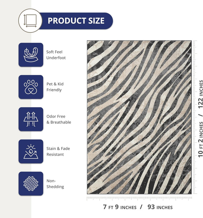 Abani Terra Area Rug for Living Room, Bedroom - Zebra Pattern - Black Cream - 8' x 10' - Durable & Easy to Clean