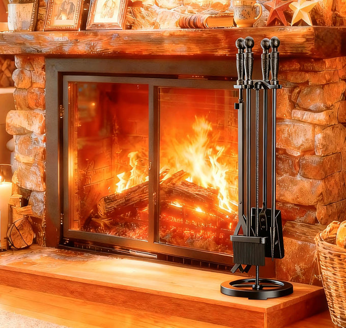 Fire Beauty 5Pcs Iron Fireplace Tools Set 31 Inch Indoor Fire Pit(Black)
