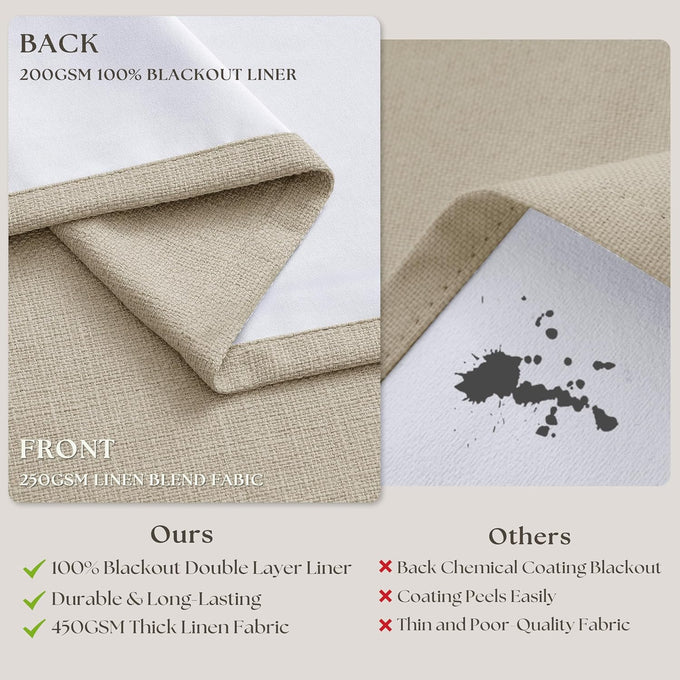 Oatmeal 102 Inch Blackout Linen Pleated Curtains for Bedroom Living Room