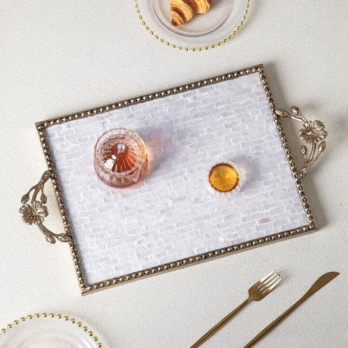 Handcrafted Large Rectangular capiz Shell Inlay Decorative Tray, 20" x 12", Retro Luxurious Metal Frame with Handle Breakfast Tray, Coffee Table, Makeup Table Storage Service Tray (Rectangular)