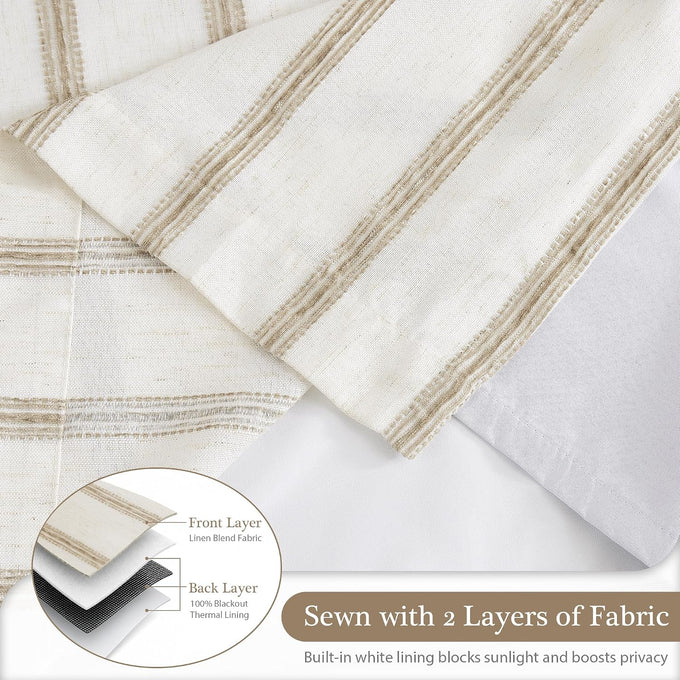 DriftAway 100% Blackout Farmhouse Linen Chenille Stripe Drapes Camel Beige