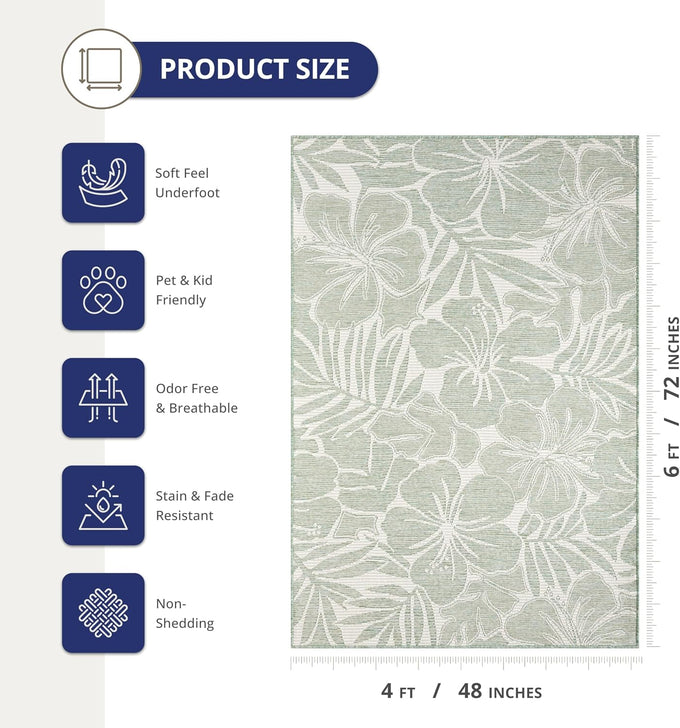 Abani Green Area Rug – Ocean Collection – 4' x 6' Tropical Flower – Indoor & Outdoor Use – UV Protected, Fade-Resistant, Easy to Clean – Durable for Patio, Deck, Entryway, or Kitchen