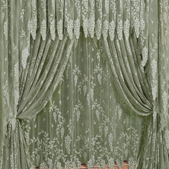 Traditional Wisteria Arbor Lace Window Treatment, Sage, 6 Pc Set
