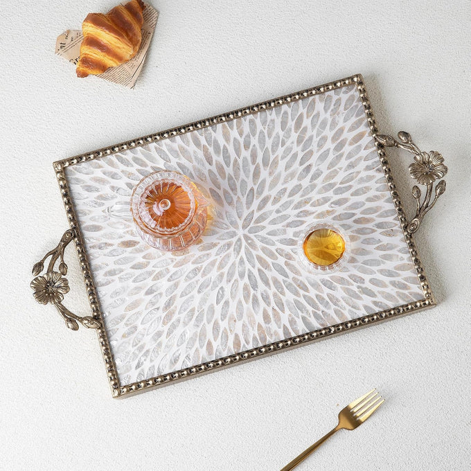 Handcrafted Large Rectangular capiz Shell Inlay Decorative Tray, 20" x 12", Retro Luxurious Metal Frame with Handle Breakfast Tray, Coffee Table, Makeup Table Storage Service Tray (Rectangular)