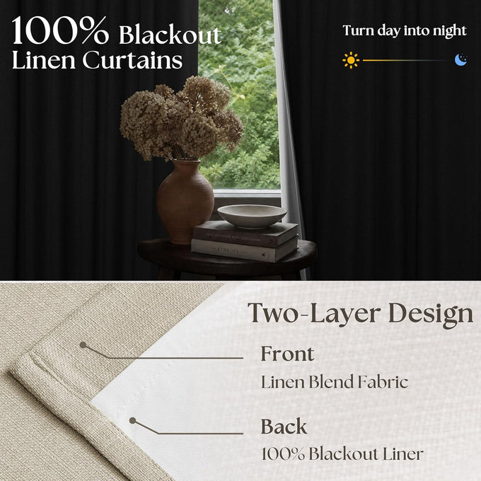 Oatmeal 102 Inch Blackout Linen Pleated Curtains for Bedroom Living Room
