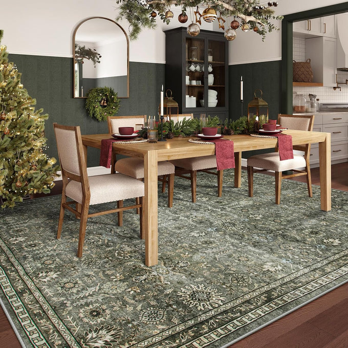 Lahome Dark Olive Green Bedroom Rug, 8x10 Washable Area Rug for Living Room
