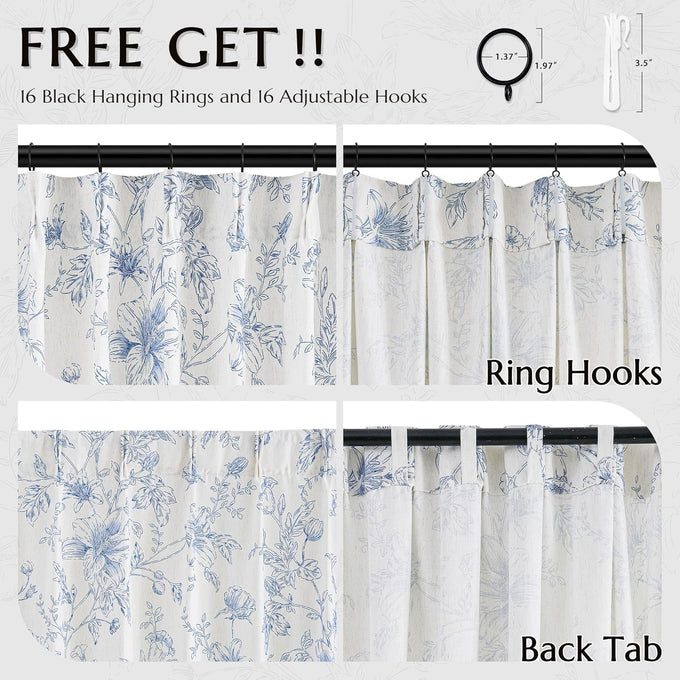 BILEEHOME Pleated Blue Curtains for Living Room Privacy Linen Drapes 40x90