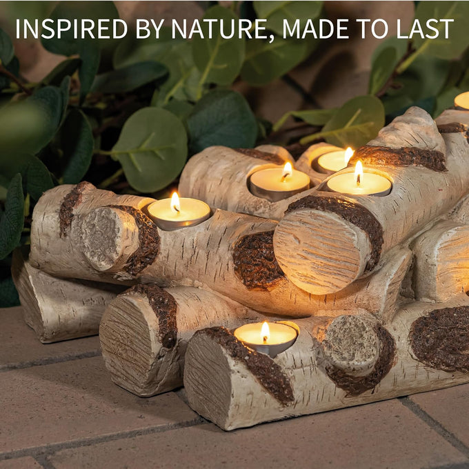 Plow & Hearth Faux Birch Fireplace Candle Holder, Resin Log Insert for Fireplace Decor, Holds 8 Fireplace Candles for Inside Fireplace, Cozy Living Room Fireplace Decorations
