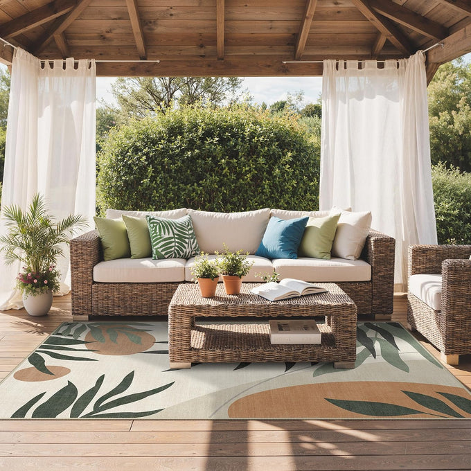 GENIMO 5x8 Outdoor Rug, Washable for Patio and Deck, Beige Olive