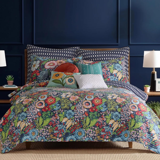 Levtex Home - Night Garden Quilt Set - King Quilt and Two King Shams - Bold Floral - Navy Red Pink Green Ochre White - Quilt (106x92in.) and Shams (20x36in.) - Reversible - Cotton