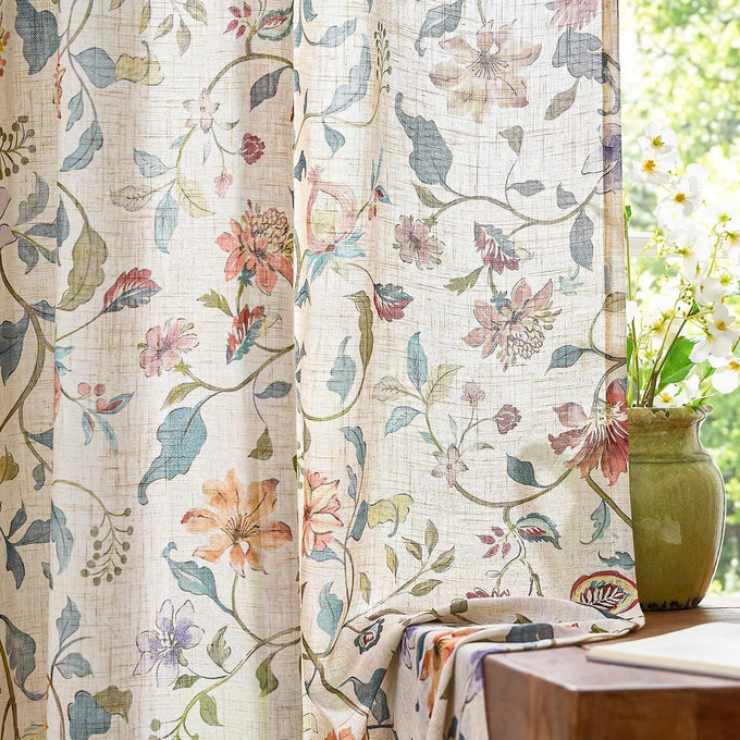 jinchan Beige Floral Linen Curtains 108 Inch Vintage Back Tab 2 Panels
