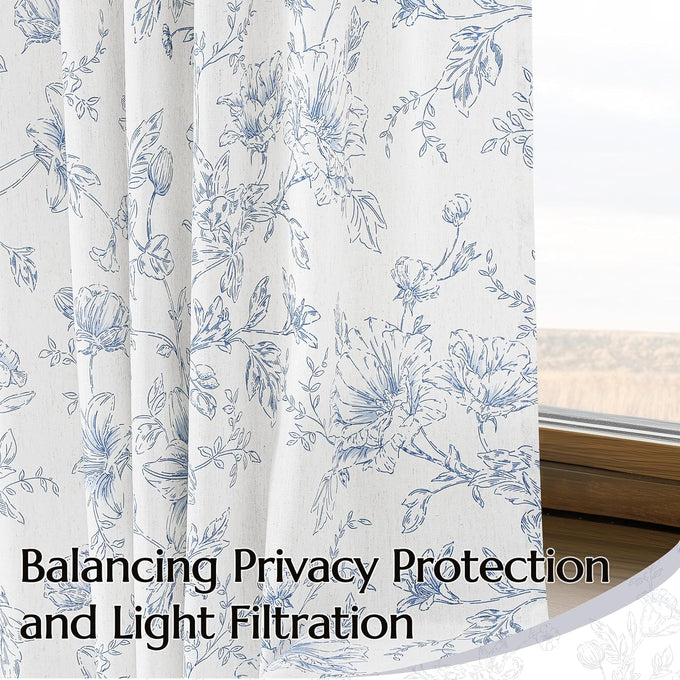 BILEEHOME Pleated Blue Curtains for Living Room Privacy Linen Drapes 40x90