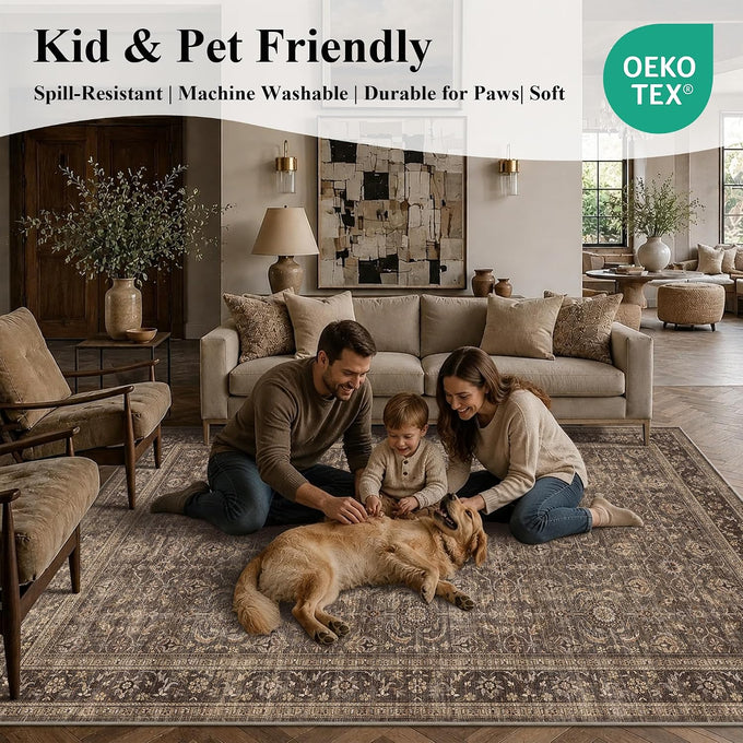 JOOJA 8x10 Dark Brown Vintage Soft Low Pile Non Slip Boho Washable Area Rug