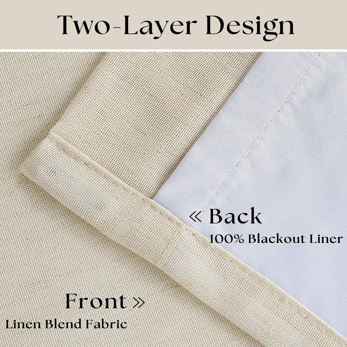 Cream Beige Linen Black Out 96 Inch Curtains for Bedroom Windows 2 Panels