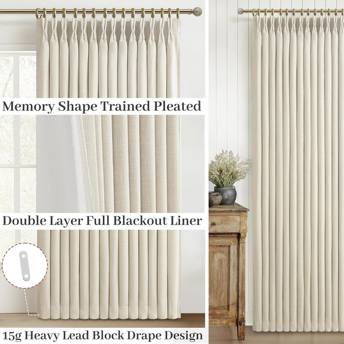 Thick Linen Sand Beige Black Out Curtains 96 Inch Long for Living Room, Elegant Pinch Pleated Room Darkening Cream Curtain & Drapes 40x96 Length for Bedroom Privacy Insulated Windows Burg 2 Panels Set