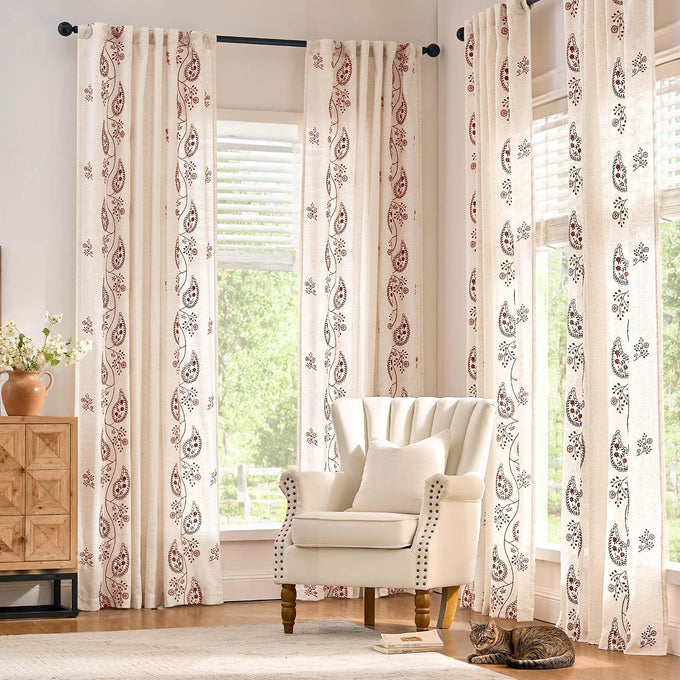 jinchan Linen Curtains 96 Inch Terracotta Floral Drapes Back Tab 2 Panels