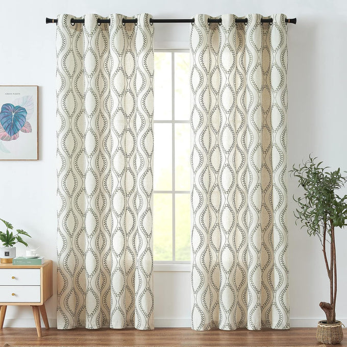 jinchan Boho Linen Curtains 63 Inch Green on Beige Grommet 2 Panels