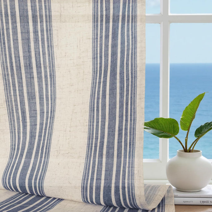 DriftAway Farmhouse Curtains for Living Room Vertical Striped Linen Curtains Semi Sheer Light Filtering Grommet Window Treatments, 120 Inches Long, 2 Panels, Jean Navy on Beige