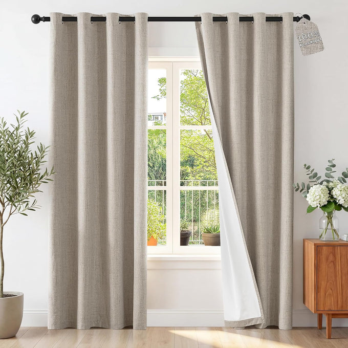 ChrisDowa Linen Drapes for Bedroom & Living Room 100% Blackout Curtains 96"