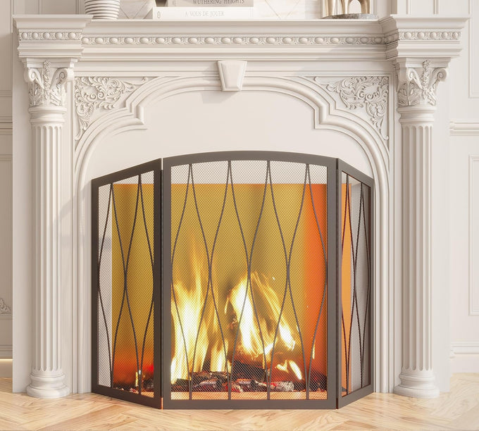Kingson Childproof Fireplace Screen 3- Panel Modern Handcrafted Wrought Iron Foldable Metal Mesh, Heavy Duty Decorative Fireplace Spark Guard Cover for Living Room Home Decor Black Finish