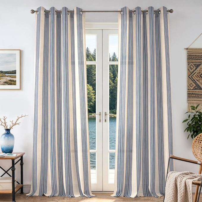 DriftAway Farmhouse Curtains for Living Room Vertical Striped Linen Curtains Semi Sheer Light Filtering Grommet Window Treatments, 120 Inches Long, 2 Panels, Jean Navy on Beige
