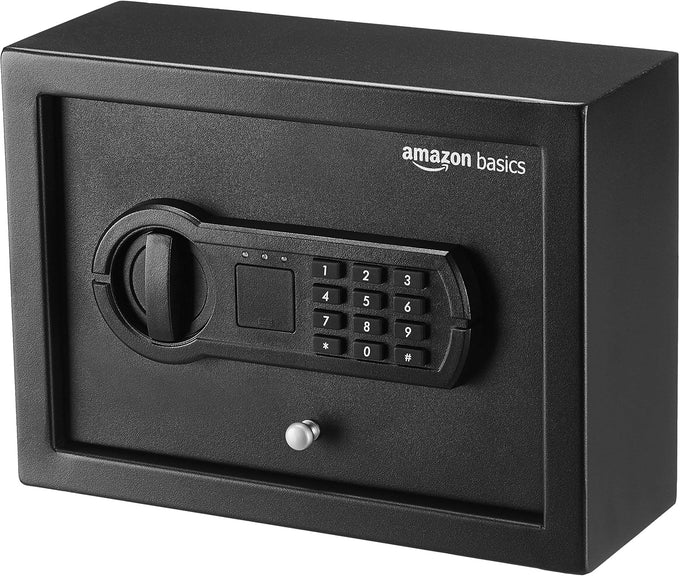 Amazon Basics Steel Security Safe and Lock Box with Electronic Keypad, Secure Documents Storage, Black, 0.5 Cubic Feet, 13.8"W x 9.8"D x 9.8"H, Removable Shelf