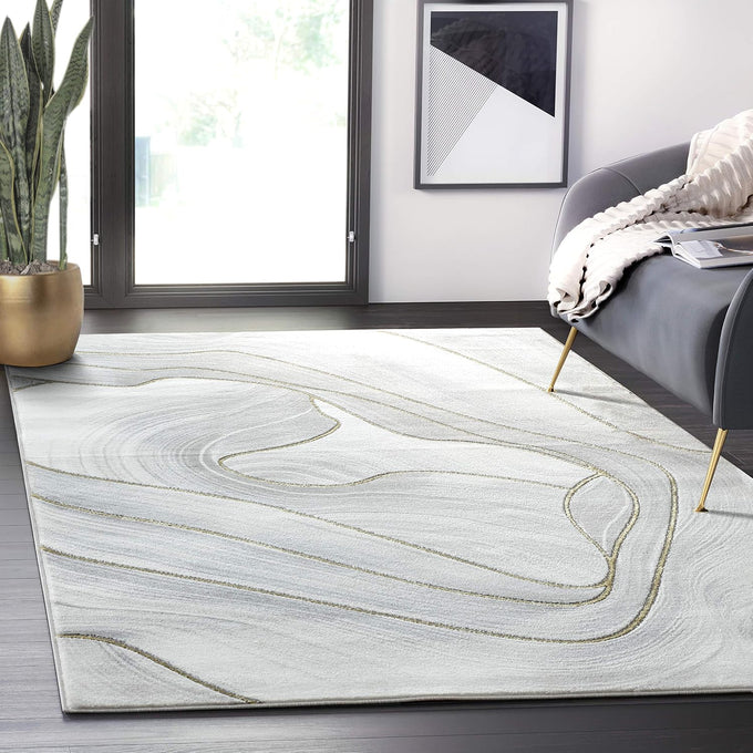 Abani Grey & Gold Metallic Contemporary Ribbon 4' x 6' Area Rug, Rugs Swirl Design Neutral Non-Shed Bedroom Rug