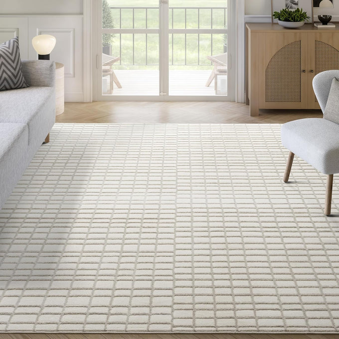 Abani Cream Grid Textured Area Rug - 4' x 6' - Chunky, Plush and Soft Washable Carpet - Perfect for Living Room & Bedroom - Plush Deco Collection