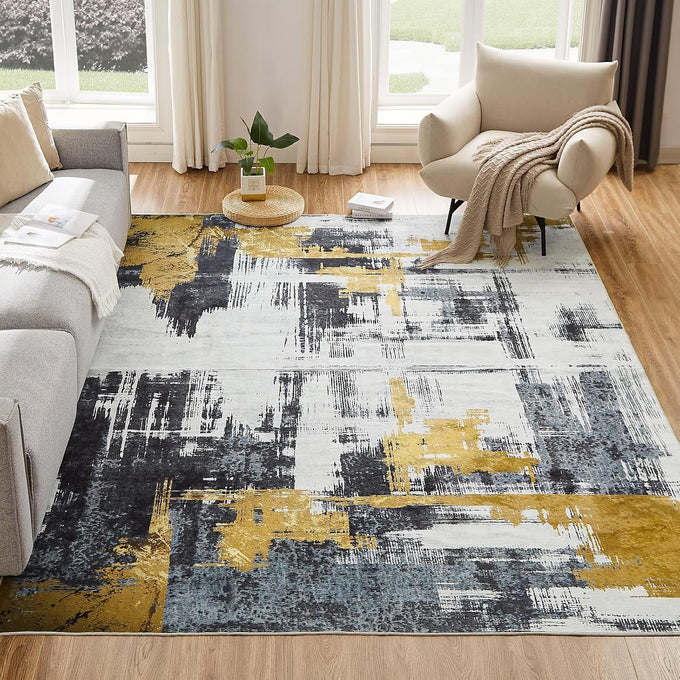 VK·LIVING Machine Washable Rug 6'x9' Abstract Washable Area Rugs for Living Room Non Slip Rugs for Bedroom Modern Woven Boho Rug Soft Carpet for Kitchen, Dining (Gold Brushstroke)