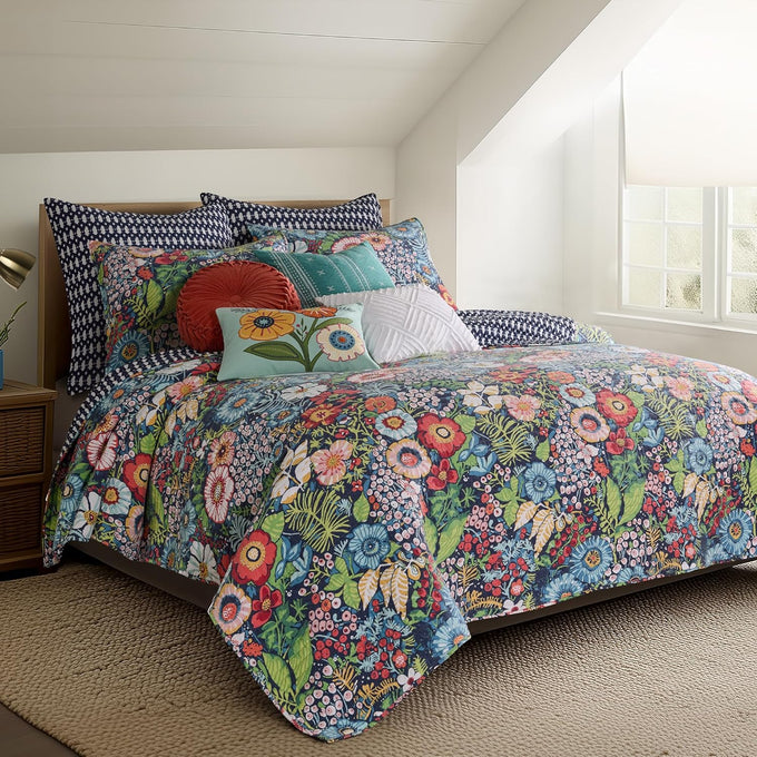 Levtex Home - Night Garden Quilt Set - King Quilt and Two King Shams - Bold Floral - Navy Red Pink Green Ochre White - Quilt (106x92in.) and Shams (20x36in.) - Reversible - Cotton