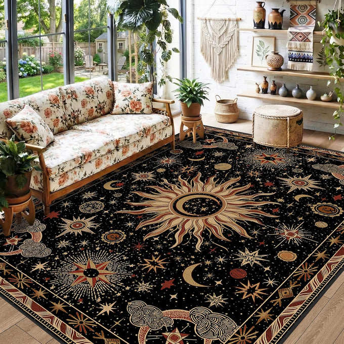 Vacuum-Friendly, 5x7 Washable Area Rug, Black Gold Beige Red