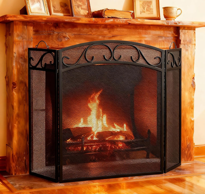 Fire Beauty 3 Panel Wrought Iron Fireplace Screen, Black Spark Guard